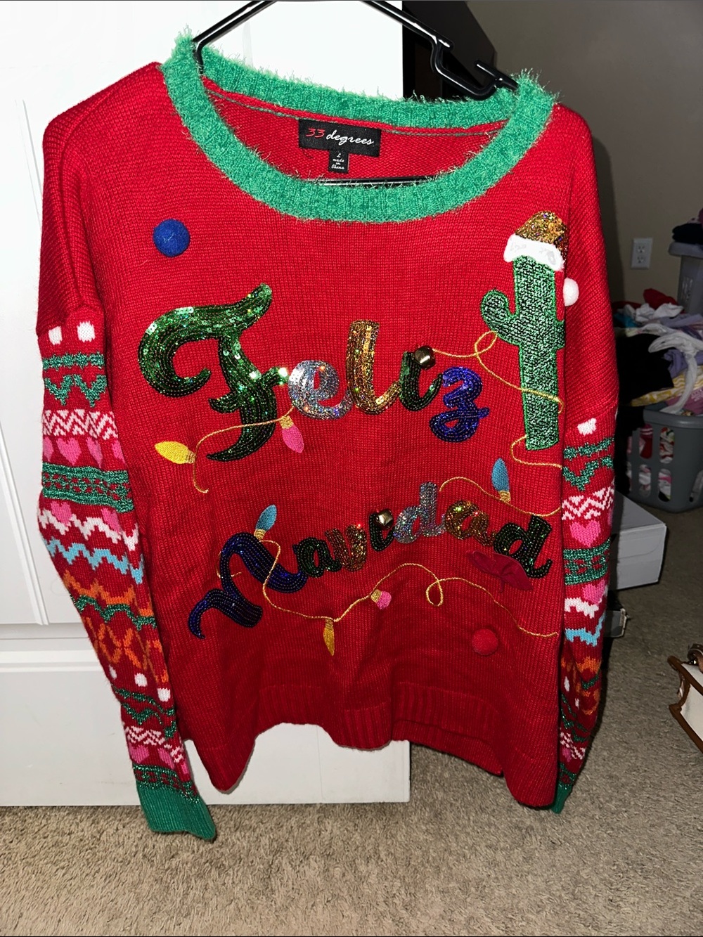 32 Degrees Women’s Red 'Feliz Navidad' Sequin Holiday Sweater